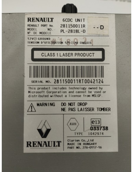 Recambio de sistema audio / radio cd para renault laguna iii initiale referencia OEM IAM 281150011R  